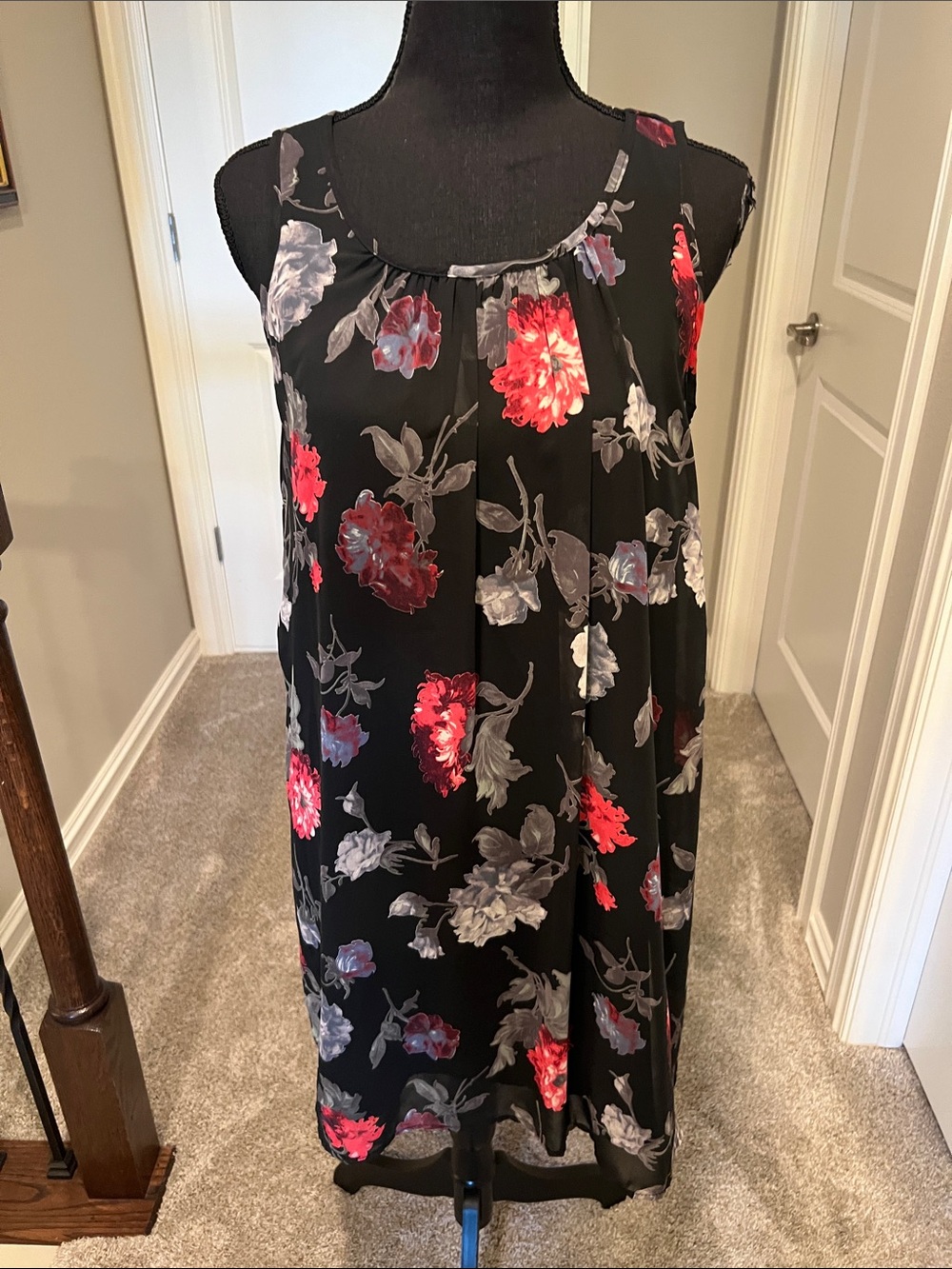 Black Midi Dress with Red & Gray Floral Pattern